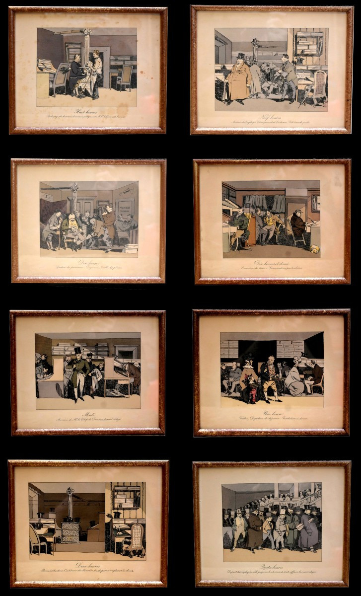 Honoré Daumier, Suite de 8 lithographies en  couleurs  , caricatures sociales vie  au  XIXe,