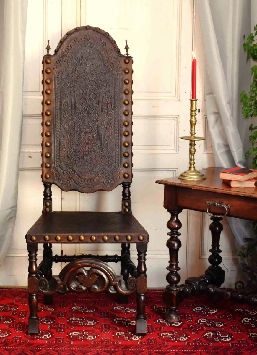 Chaise à Haut Dossier 146 cm ! de Style  Renaissance Espagnole, XIXe siècle , Cuir De Cordoue-photo-2