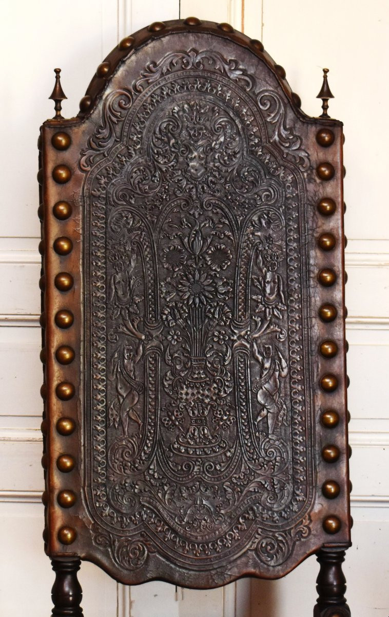 Chaise à Haut Dossier 146 cm ! de Style  Renaissance Espagnole, XIXe siècle , Cuir De Cordoue-photo-4