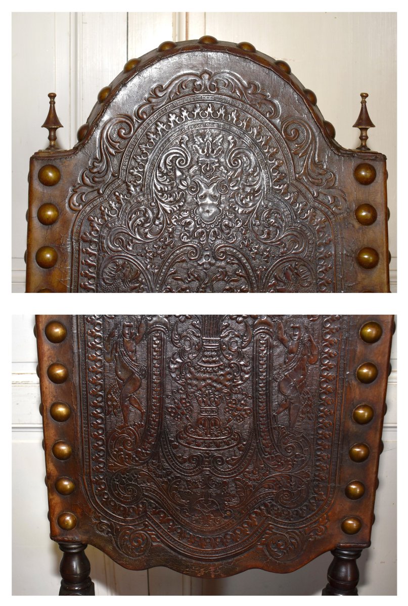 Chaise à Haut Dossier 146 cm ! de Style  Renaissance Espagnole, XIXe siècle , Cuir De Cordoue-photo-1