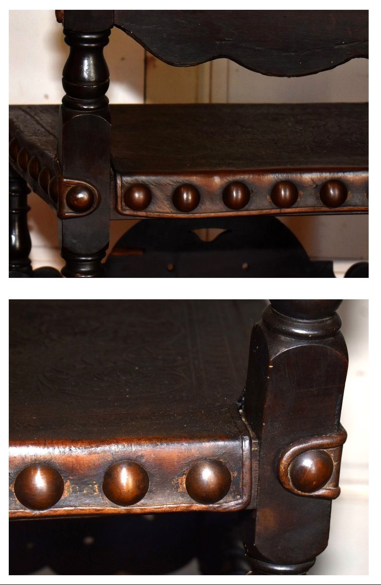 Chaise à Haut Dossier 146 cm ! de Style  Renaissance Espagnole, XIXe siècle , Cuir De Cordoue-photo-4