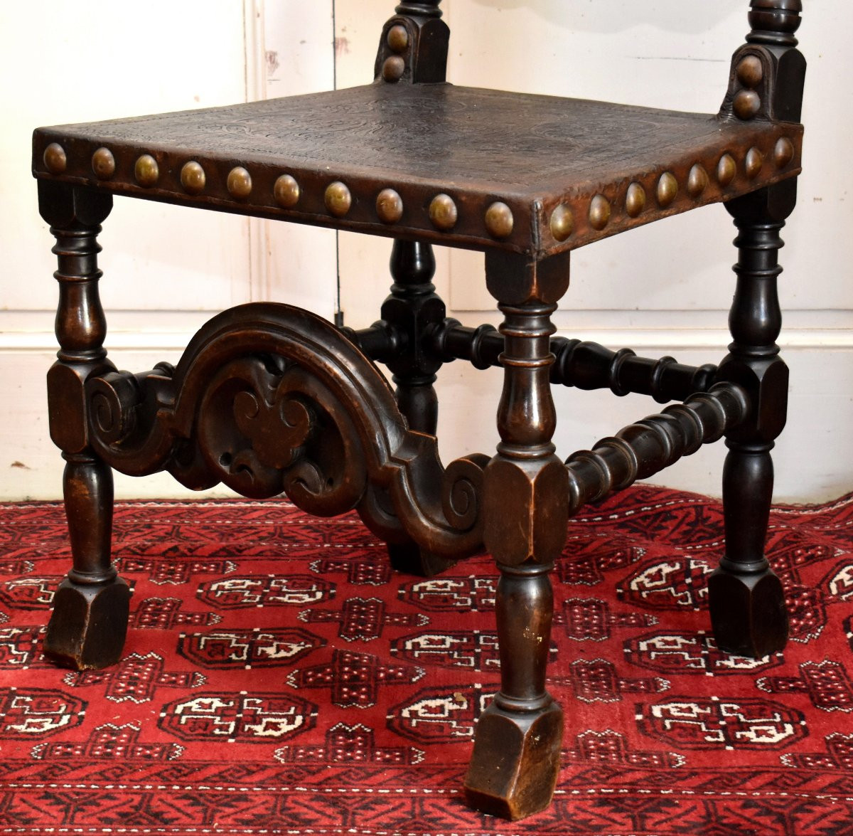 Chaise à Haut Dossier 146 cm ! de Style  Renaissance Espagnole, XIXe siècle , Cuir De Cordoue-photo-5