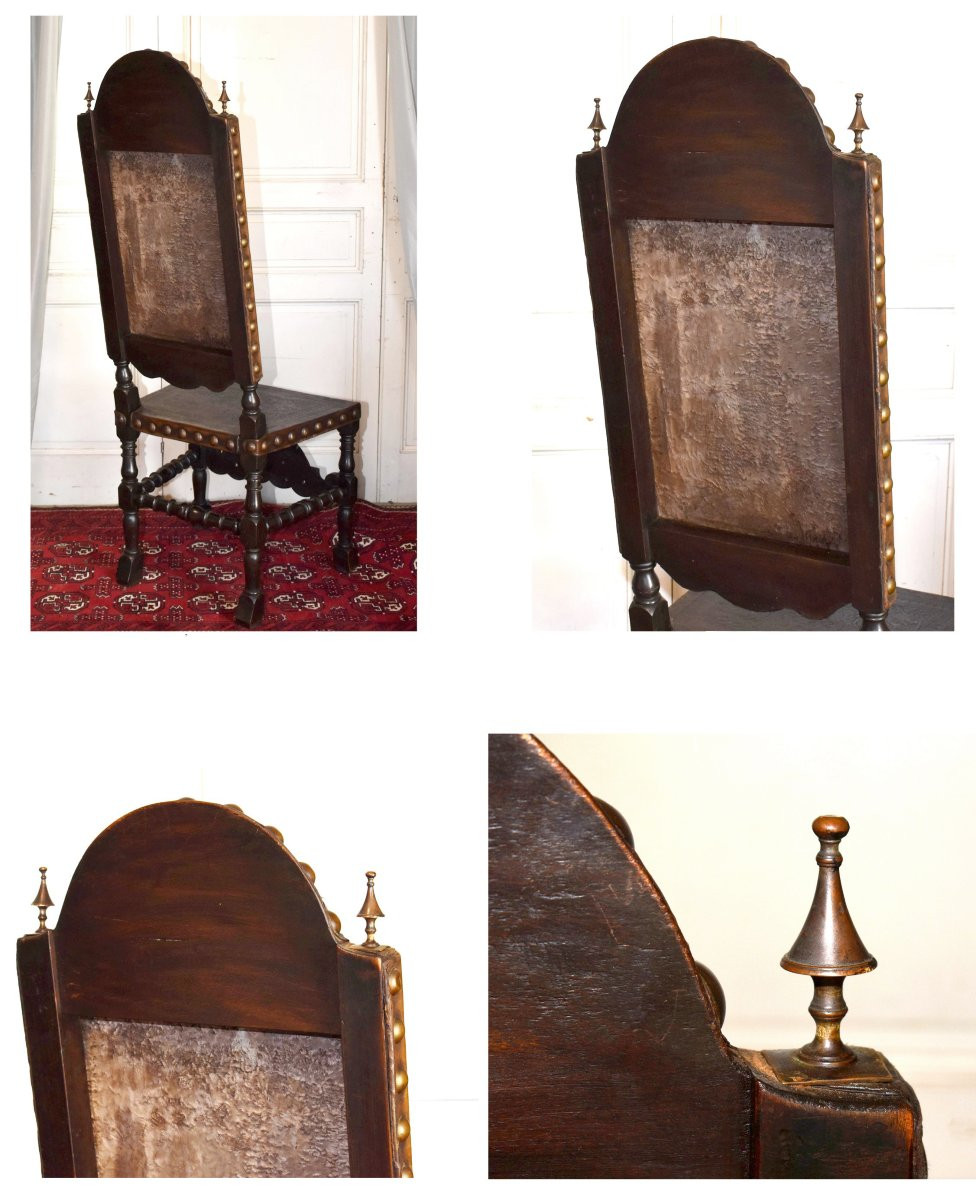 Chaise à Haut Dossier 146 cm ! de Style  Renaissance Espagnole, XIXe siècle , Cuir De Cordoue-photo-7