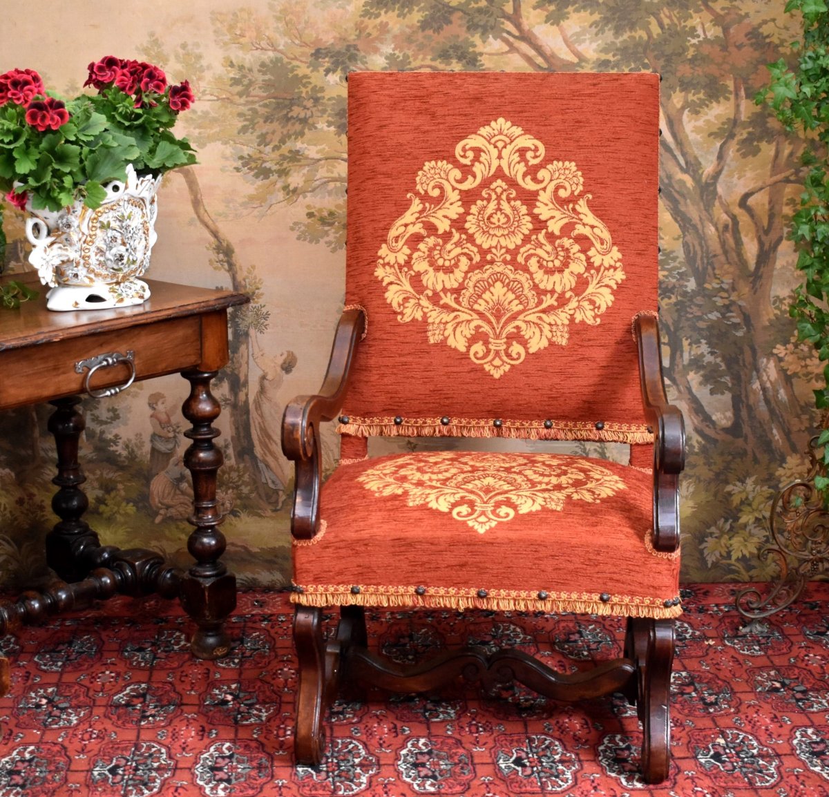 Large Armchair With High Flat Back In Louis XIV Style, In Solid Walnut, 19th Century. -photo-2