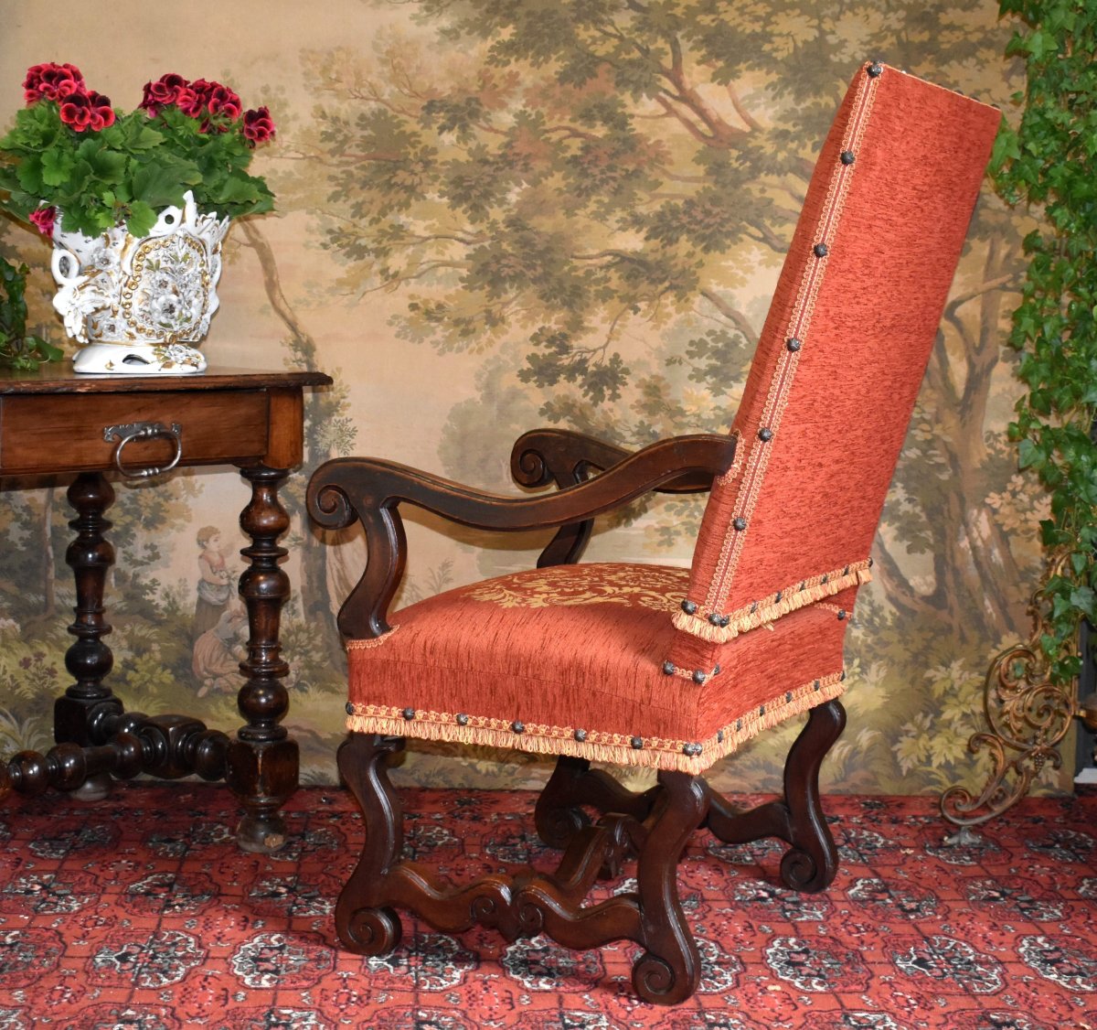 Large Armchair With High Flat Back In Louis XIV Style, In Solid Walnut, 19th Century. -photo-4
