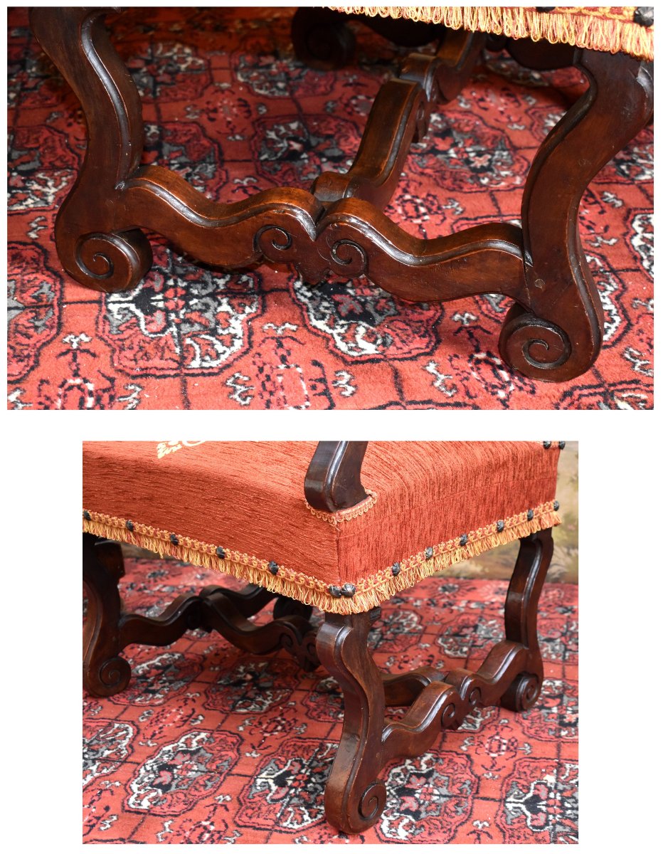 Large Armchair With High Flat Back In Louis XIV Style, In Solid Walnut, 19th Century. -photo-2