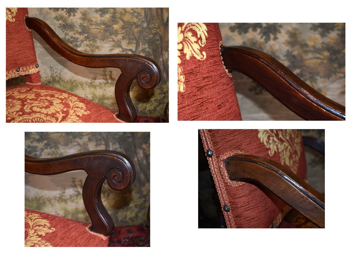 Large Armchair With High Flat Back In Louis XIV Style, In Solid Walnut, 19th Century. -photo-4