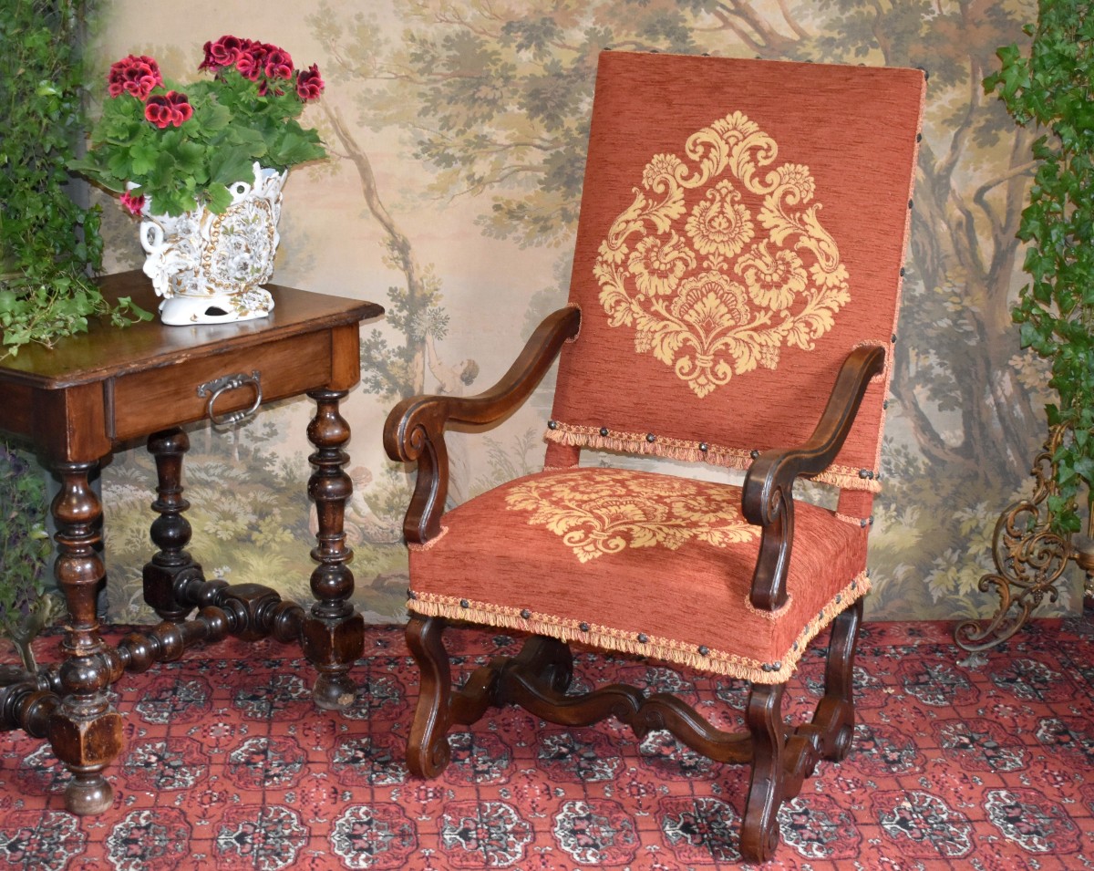 Large Armchair With High Flat Back In Louis XIV Style, In Solid Walnut, 19th Century. 