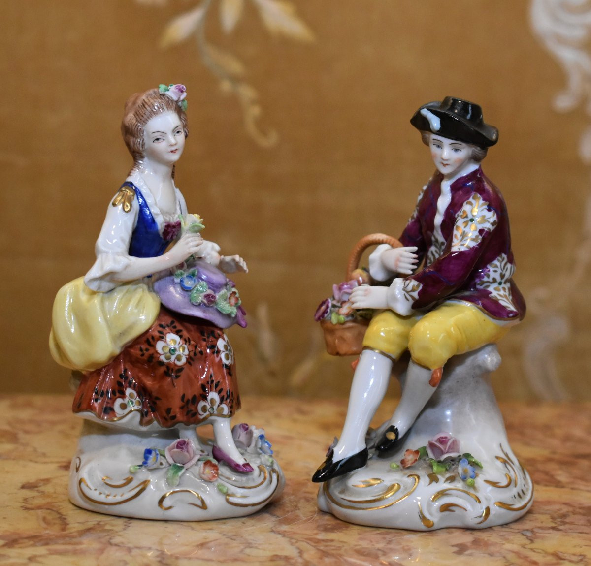 Pair Of Polychrome Porcelain Figurines, Couple From Zitzendorf In Thuringia, Saxony, Germany -photo-4