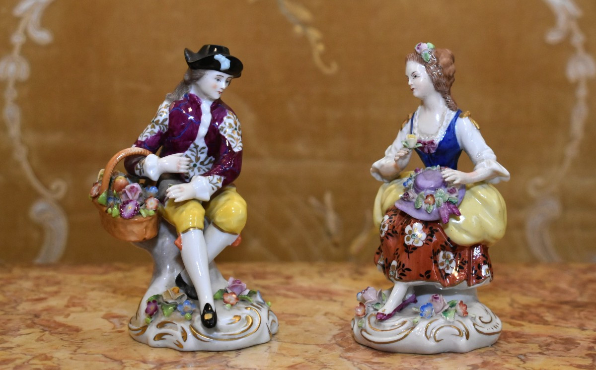 Pair Of Polychrome Porcelain Figurines, Couple From Zitzendorf In Thuringia, Saxony, Germany 