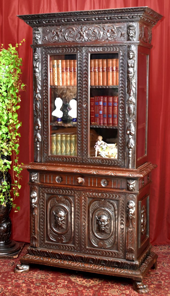 Buffet  Deux Corps haut vitrine  Style Renaissance, Bibliothèque vitrée, Mascarons, Cariatides-photo-2