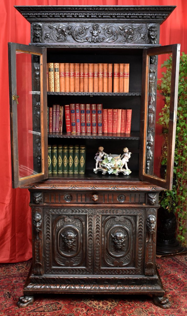 Buffet  Deux Corps haut vitrine  Style Renaissance, Bibliothèque vitrée, Mascarons, Cariatides-photo-1