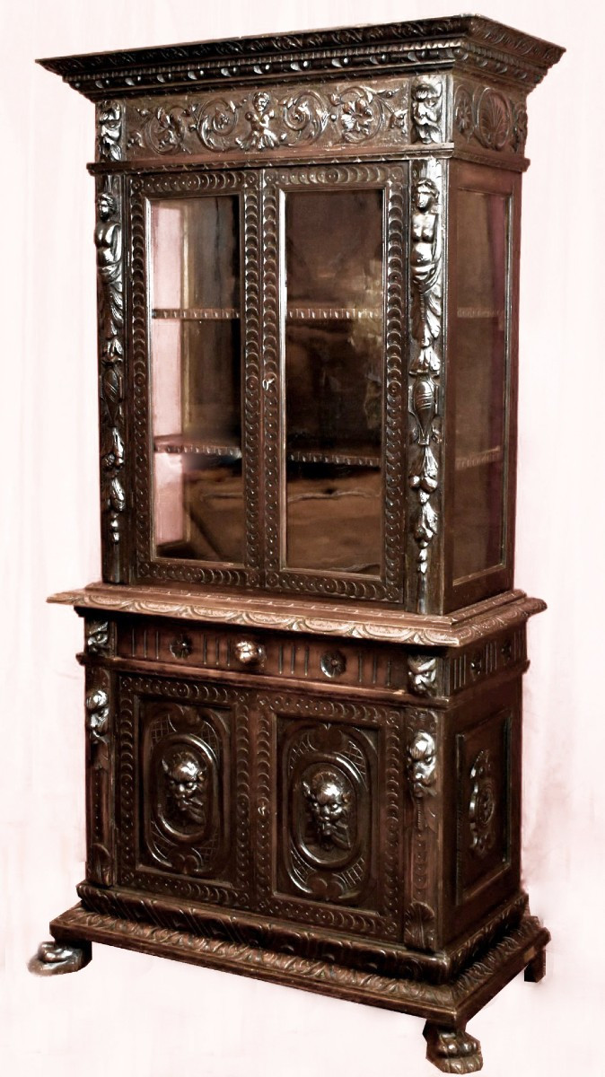 Buffet  Deux Corps haut vitrine  Style Renaissance, Bibliothèque vitrée, Mascarons, Cariatides