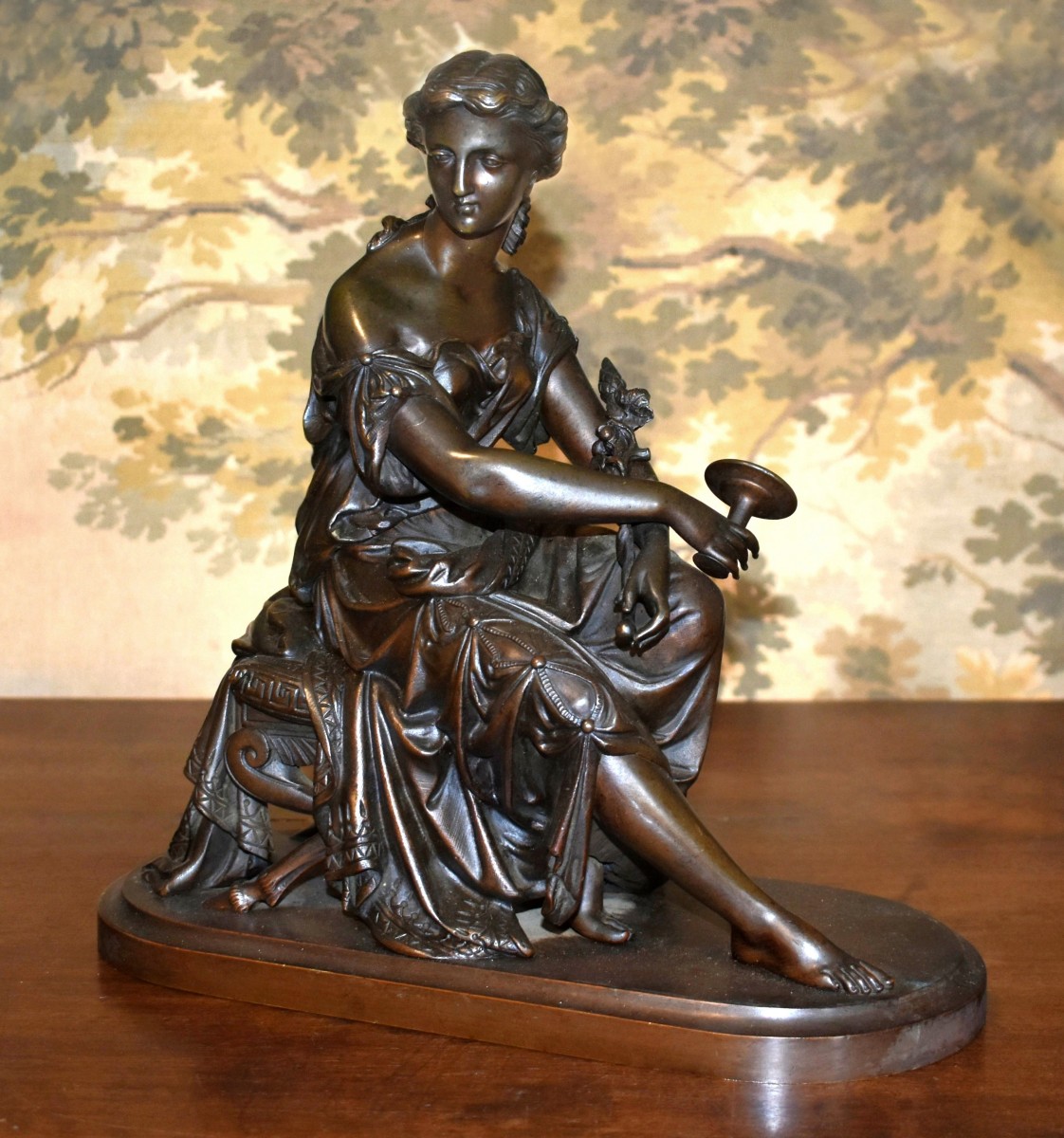 Bronze Subject, Seated And Draped Female Statue In Antique Style, 19th Century Brown Patina Sculpture