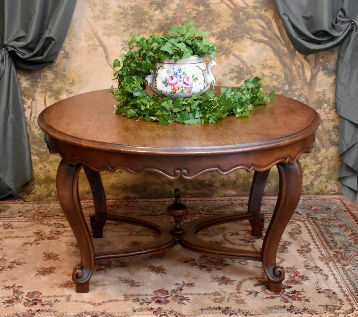 Large Oval Dining Room Center Table, Louis XV Style Oak Pedestal Table, 4 Legs-photo-2