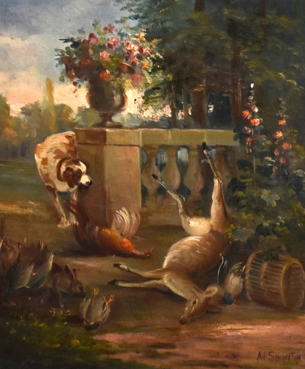 Simoneton Adrien ( 1862-1949). Huile Sur Panneau , Chien De Chasse Et Gibier. Biche Faisan -photo-2