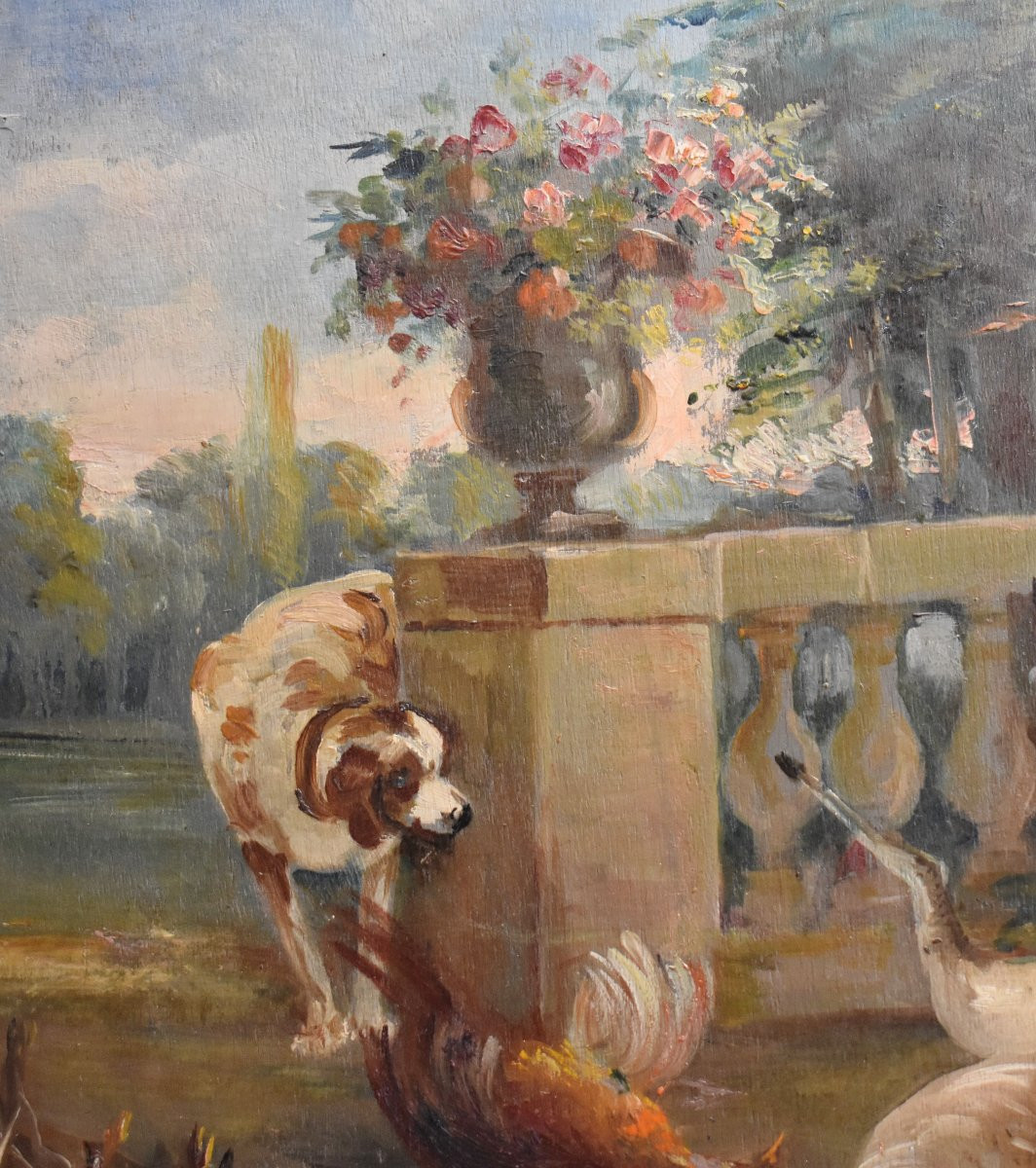 Simoneton Adrien ( 1862-1949). Huile Sur Panneau , Chien De Chasse Et Gibier. Biche Faisan -photo-1