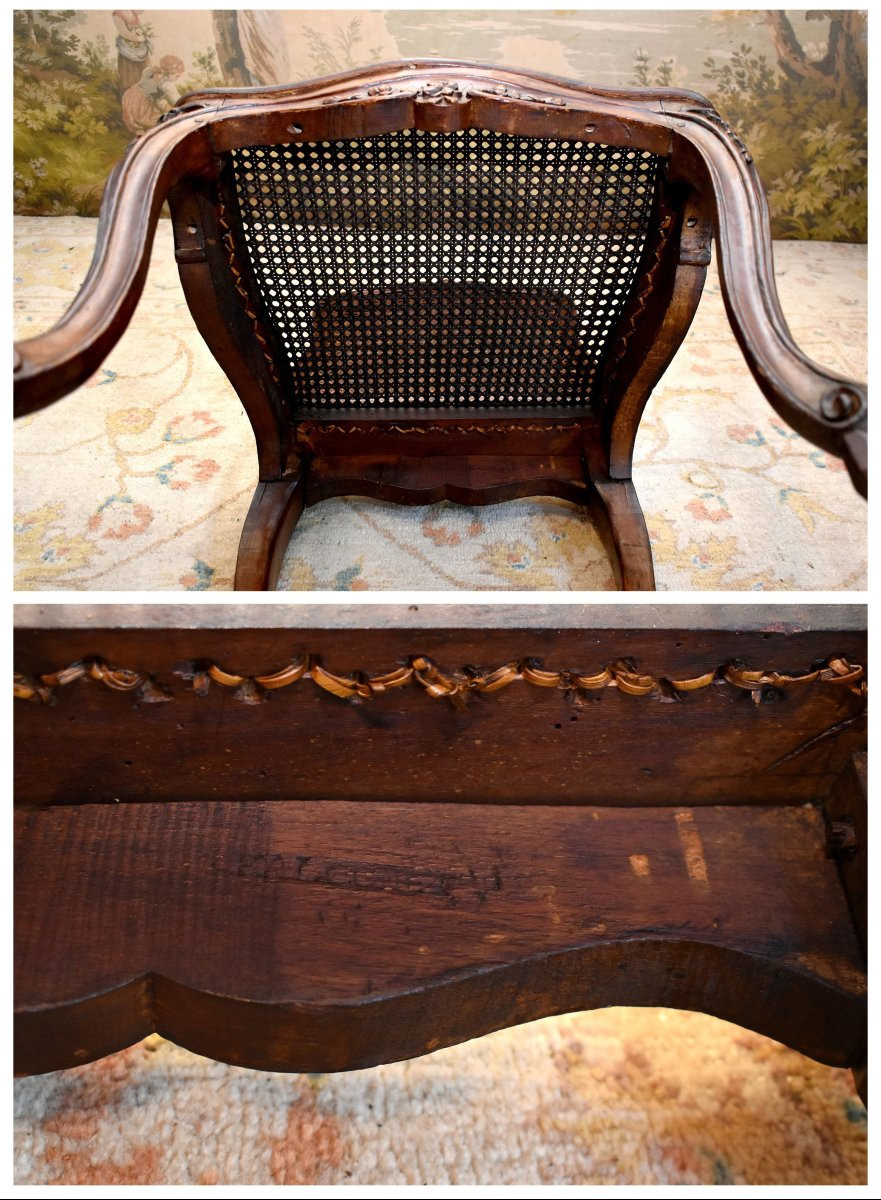  paire de chaises cann&eacute;es , estampill&eacute;es Falconet,  Epoque louis XV ,  fonds de cannes , XVIIIe-photo-8