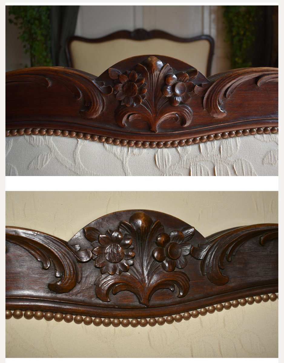 Louis XV Style Upholstered Bed, Natural Wood And Tufting, Reupholstered Fabric-photo-3