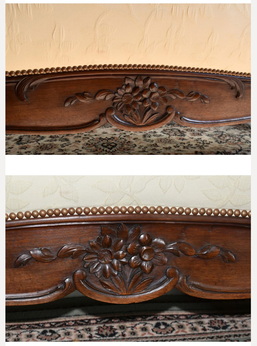Louis XV Style Upholstered Bed, Natural Wood And Tufting, Reupholstered Fabric-photo-4