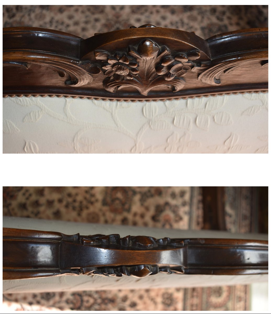 Louis XV Style Upholstered Bed, Natural Wood And Tufting, Reupholstered Fabric-photo-5
