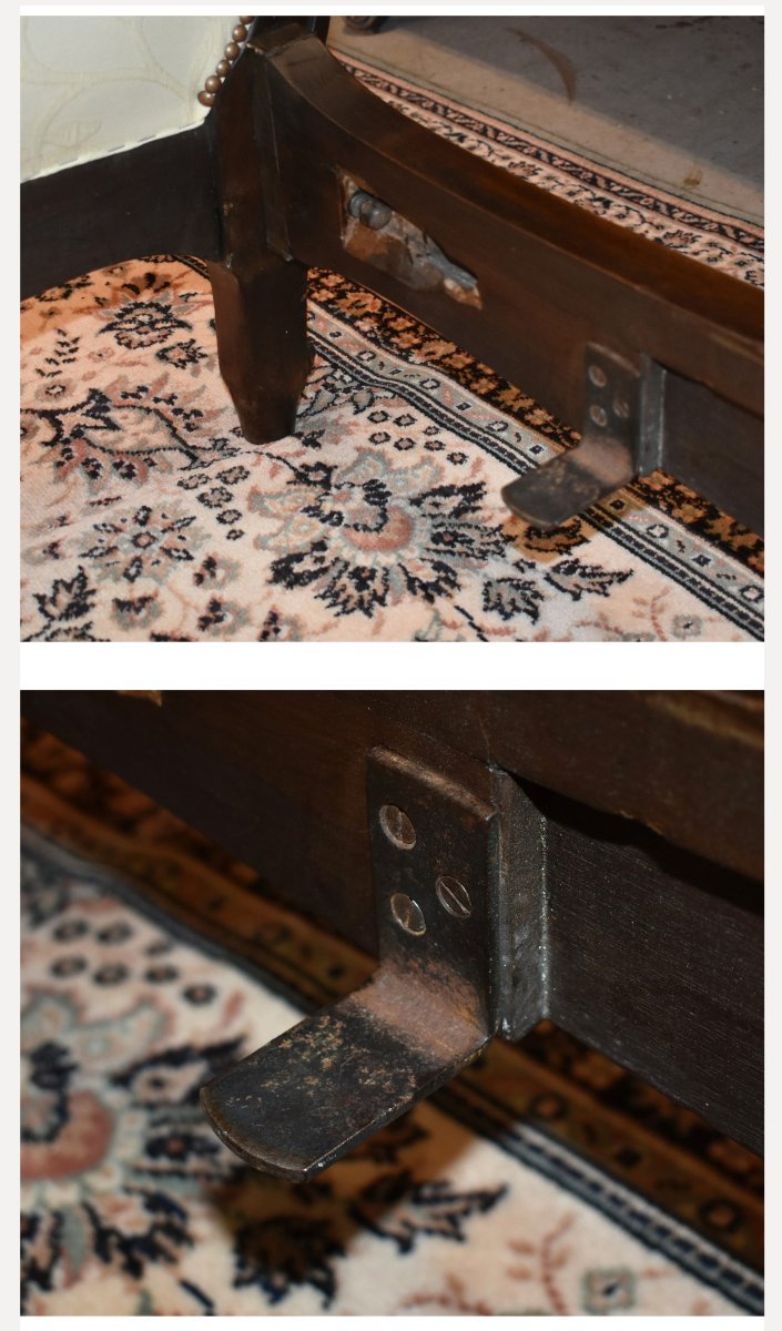 Louis XV Style Upholstered Bed, Natural Wood And Tufting, Reupholstered Fabric-photo-7