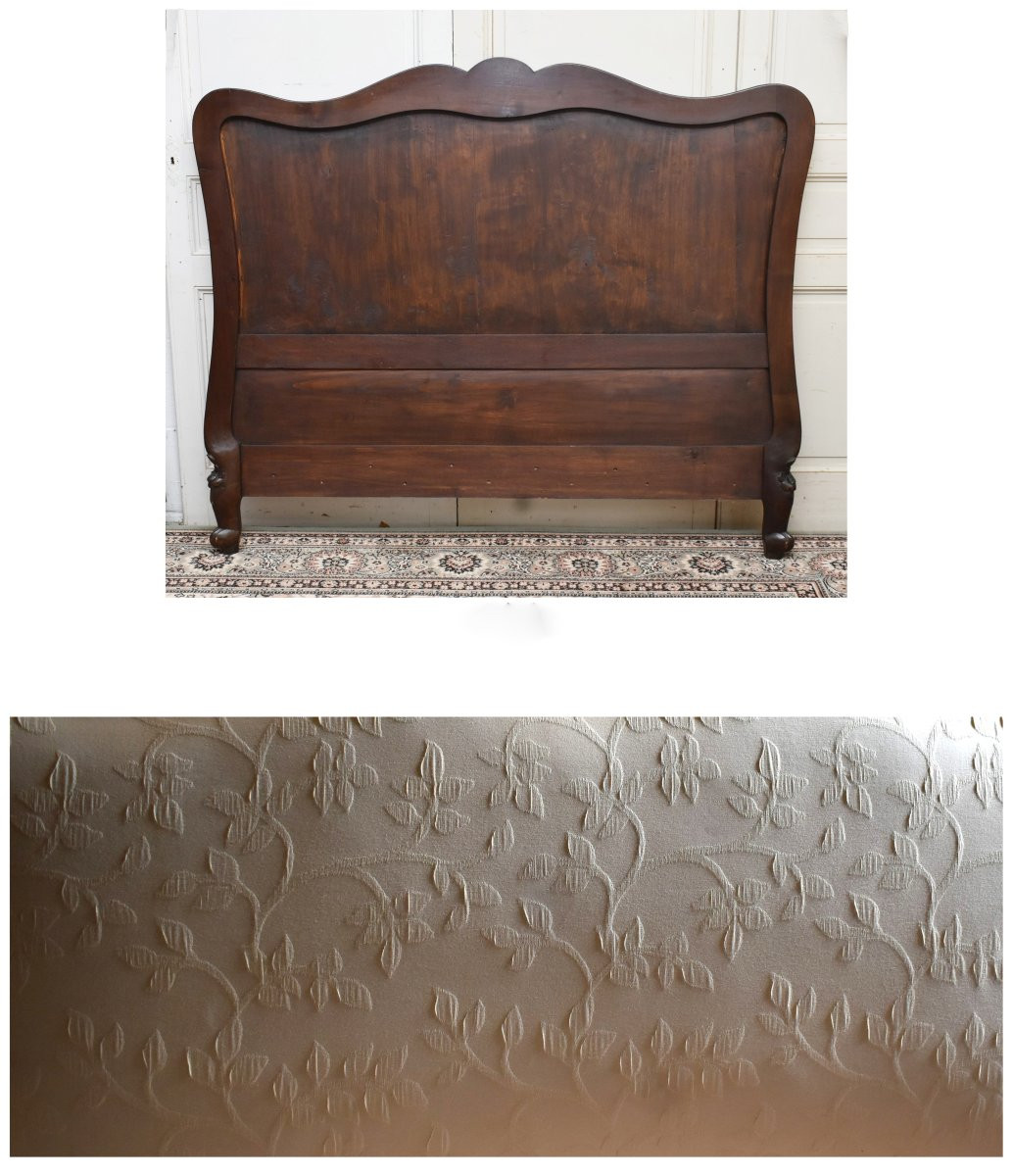 Louis XV Style Upholstered Bed, Natural Wood And Tufting, Reupholstered Fabric-photo-8