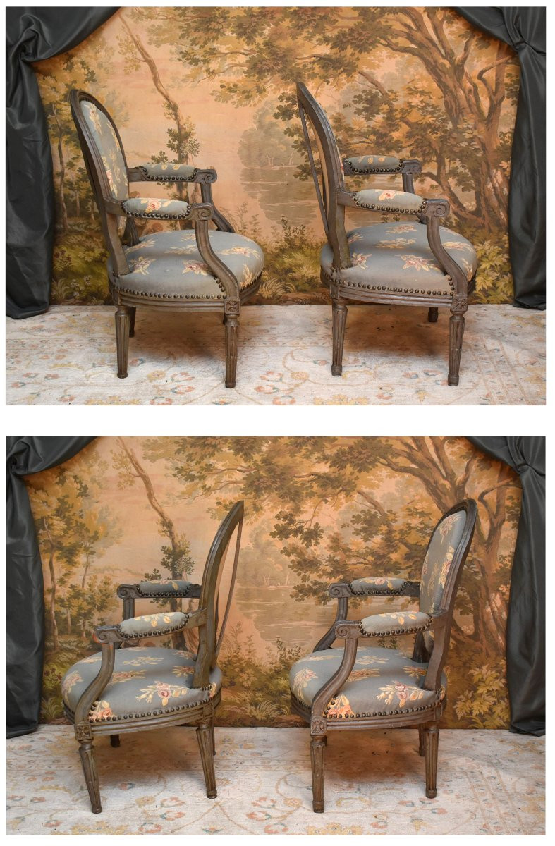 Pair Of Louis XVI Armchairs, Lacquered Wood, Cabriolet Style, 18th Century, Medallion Backs, 18th Century -photo-1