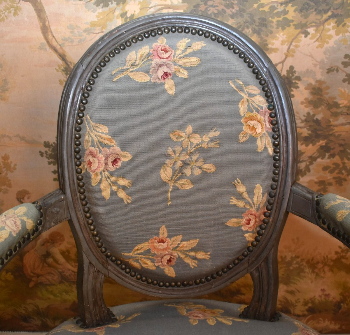 Pair Of Louis XVI Armchairs, Lacquered Wood, Cabriolet Style, 18th Century, Medallion Backs, 18th Century -photo-3