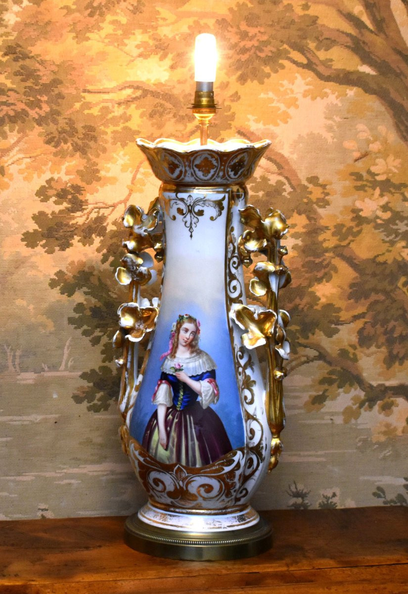 Grand Pied de Lampe en Porcelaine de Limoges ou Vieux Paris, décor peint à la main , XIXème . -photo-2