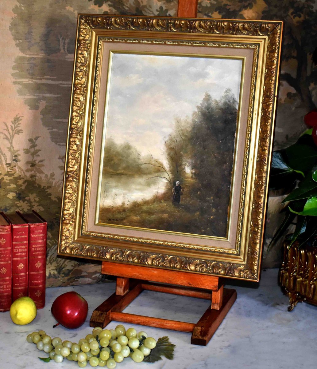 Berthaux, Paysage Animé dans le gout de l'école de  Barbizon,  Bord De Rivière et  sous bois-photo-2