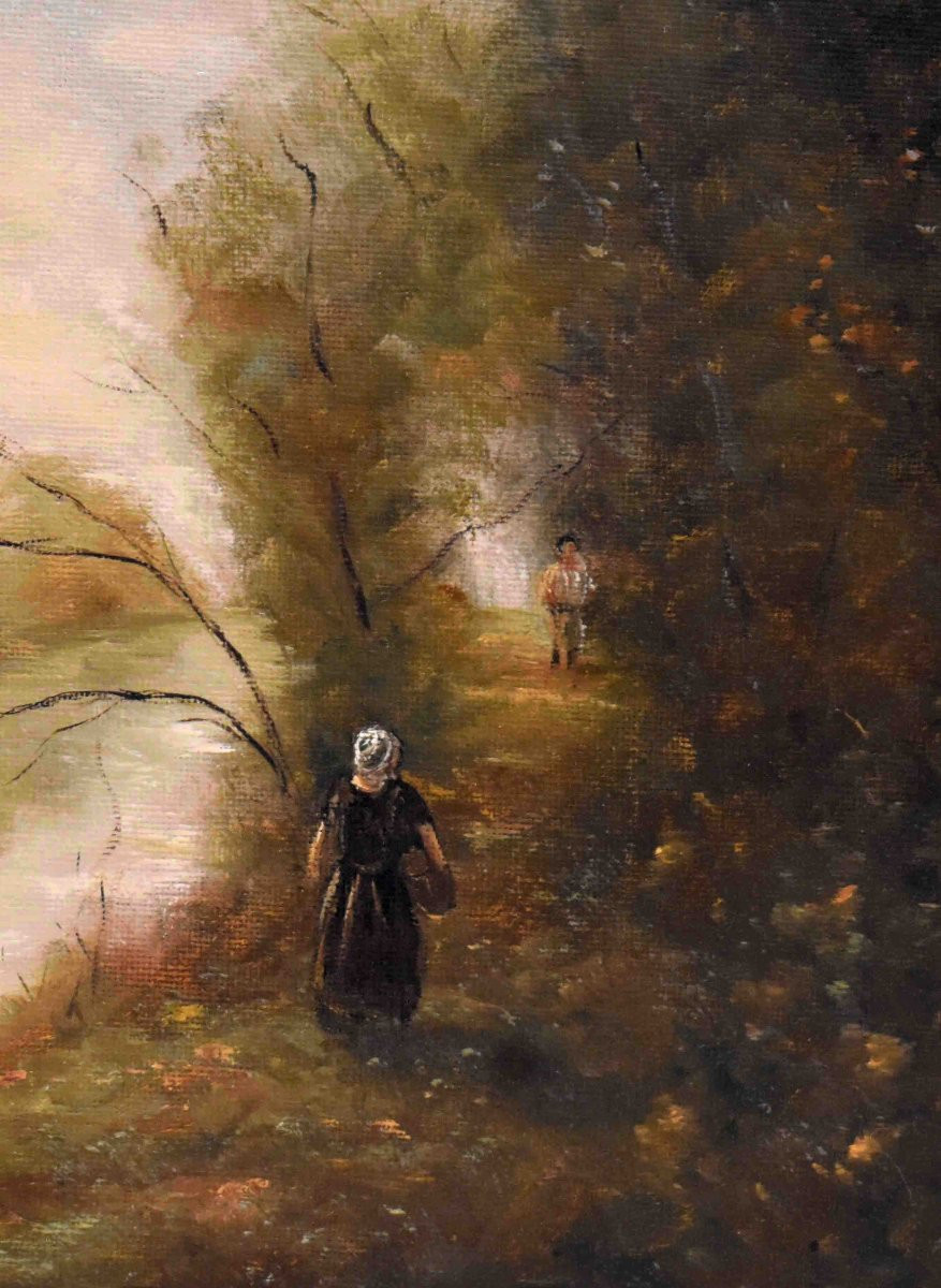 Berthaux, Paysage Animé dans le gout de l'école de  Barbizon,  Bord De Rivière et  sous bois-photo-1