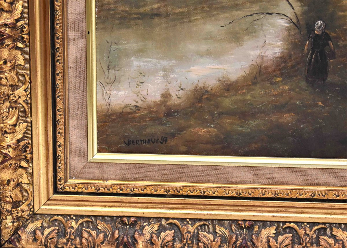 Berthaux, Paysage Animé dans le gout de l'école de  Barbizon,  Bord De Rivière et  sous bois-photo-2