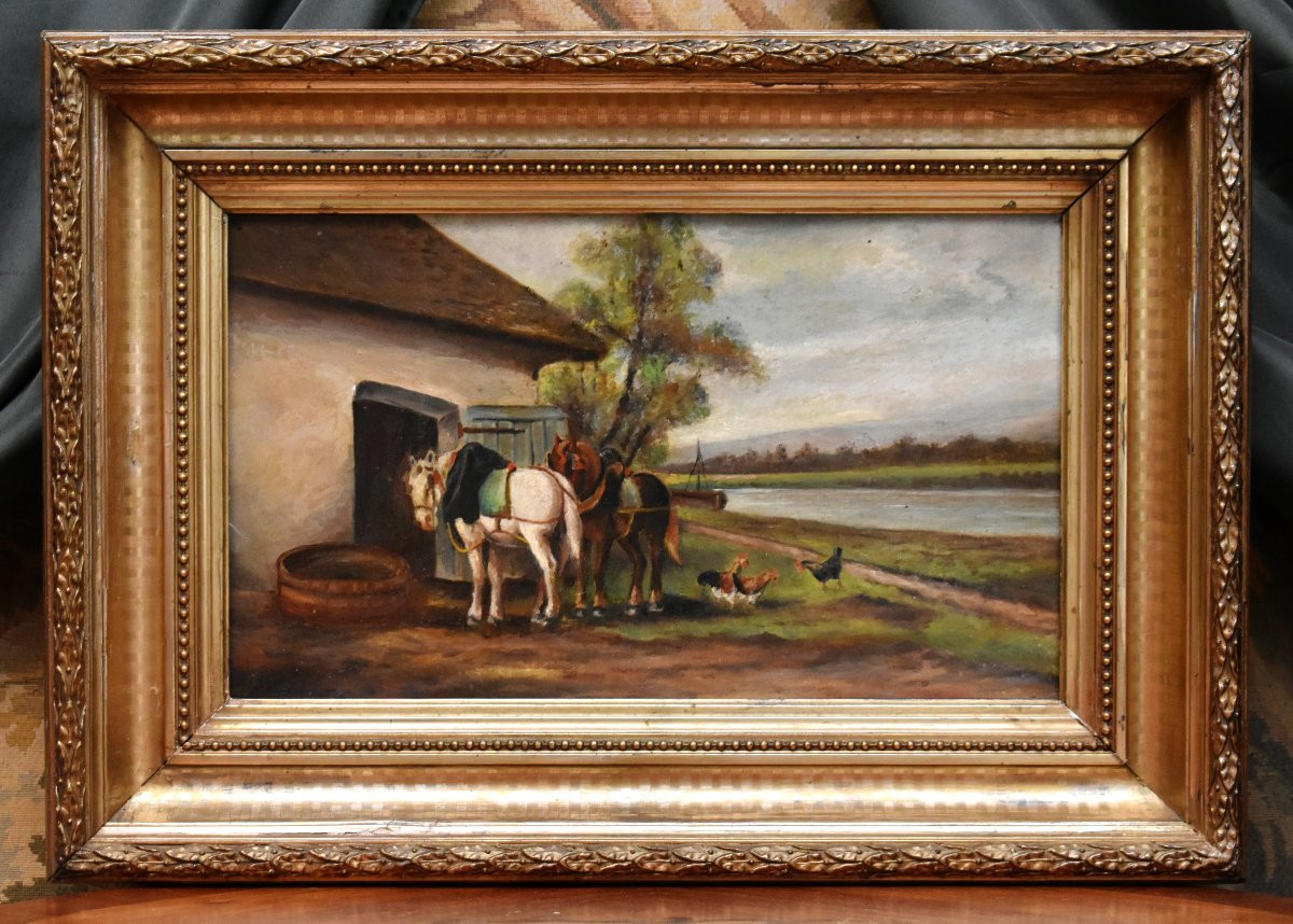Painting Of A Towpath With Two Resting Horses, A Lively Landscape In A Gilded Stucco Frame -photo-2