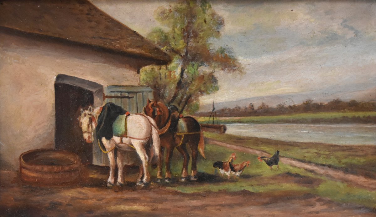 Painting Of A Towpath With Two Resting Horses, A Lively Landscape In A Gilded Stucco Frame -photo-3