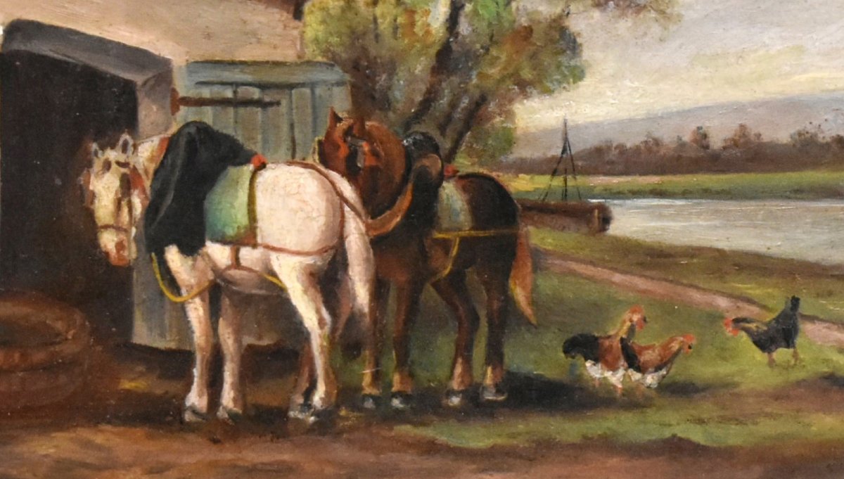 Painting Of A Towpath With Two Resting Horses, A Lively Landscape In A Gilded Stucco Frame -photo-4