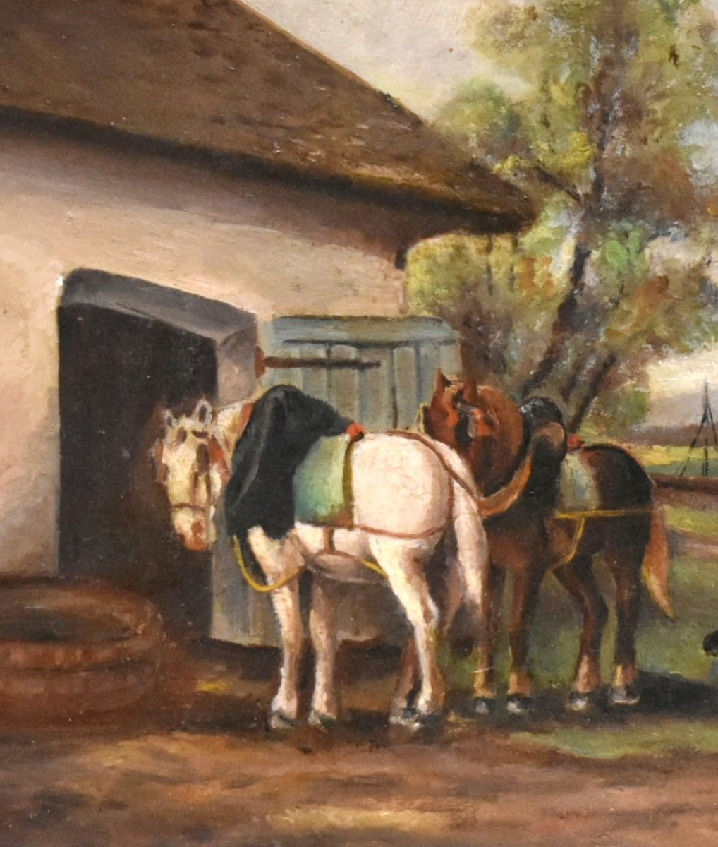 Painting Of A Towpath With Two Resting Horses, A Lively Landscape In A Gilded Stucco Frame -photo-1
