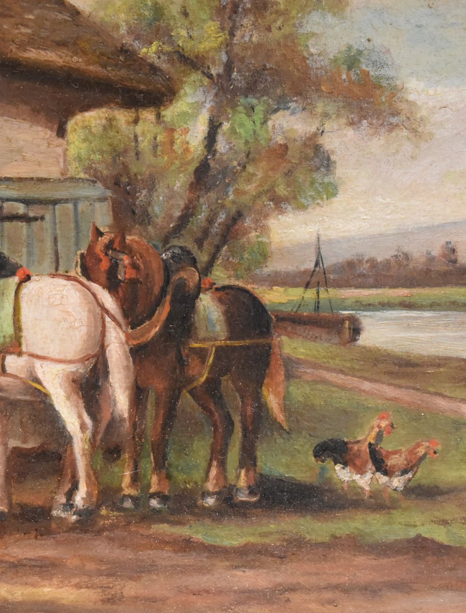 Painting Of A Towpath With Two Resting Horses, A Lively Landscape In A Gilded Stucco Frame -photo-2