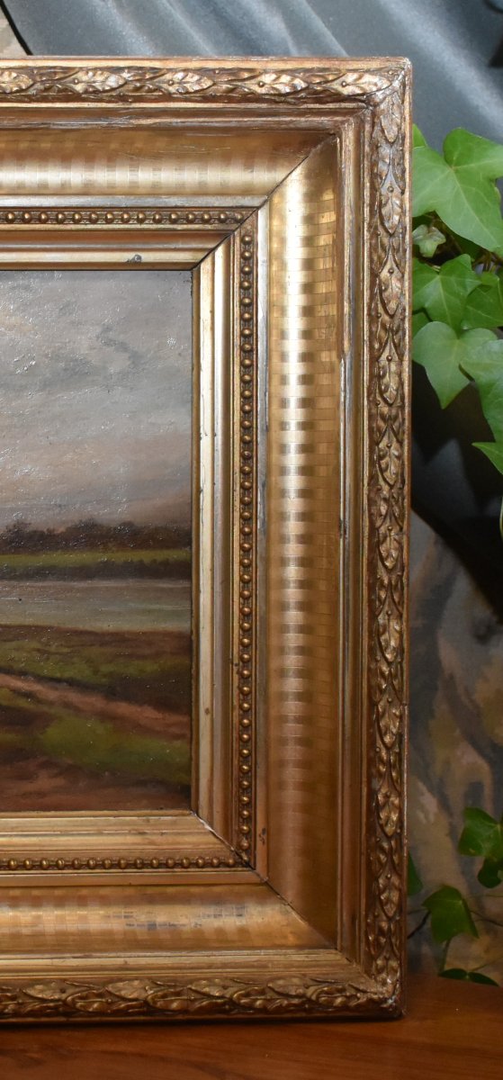 Painting Of A Towpath With Two Resting Horses, A Lively Landscape In A Gilded Stucco Frame -photo-6