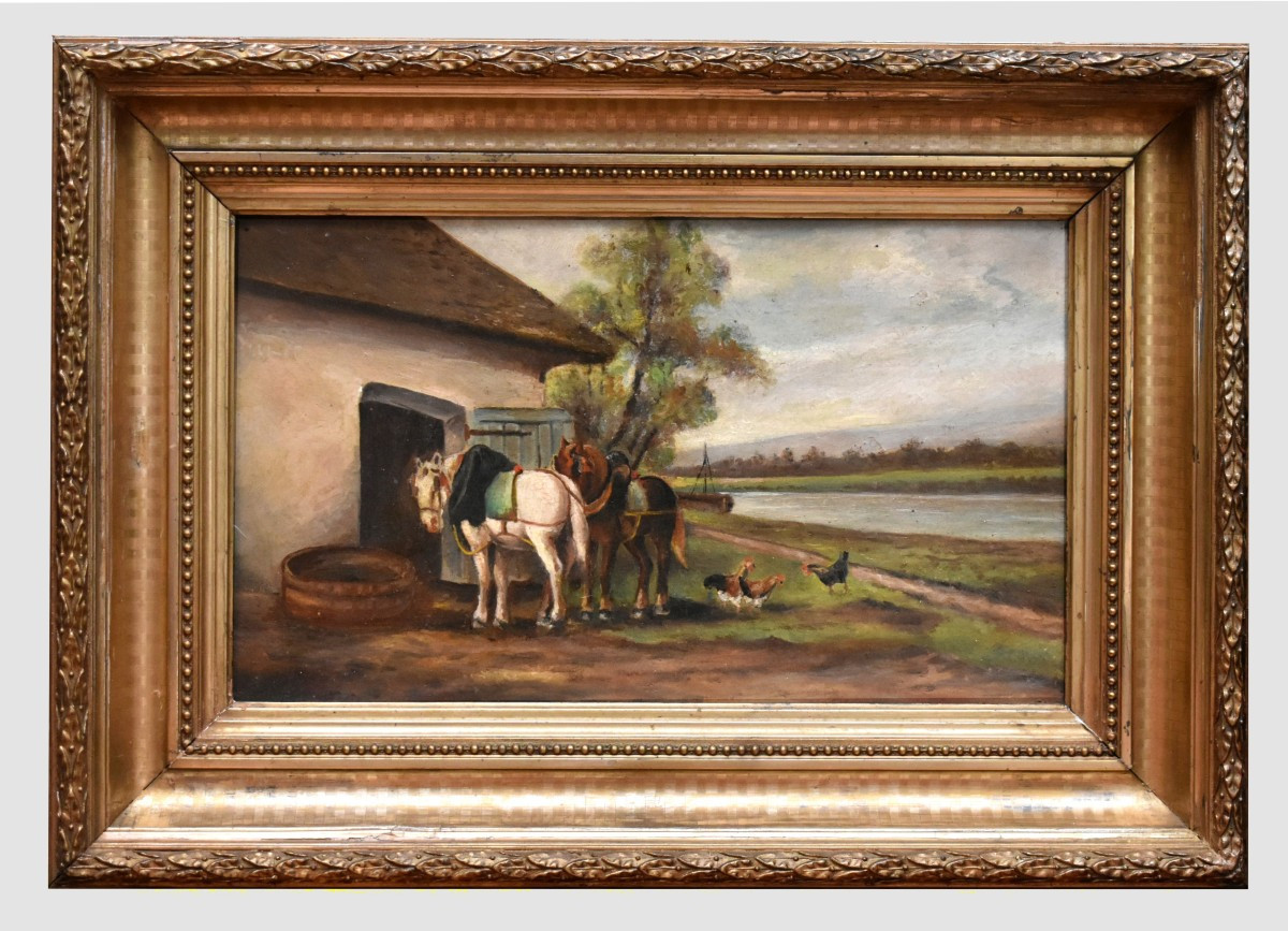 Painting Of A Towpath With Two Resting Horses, A Lively Landscape In A Gilded Stucco Frame 