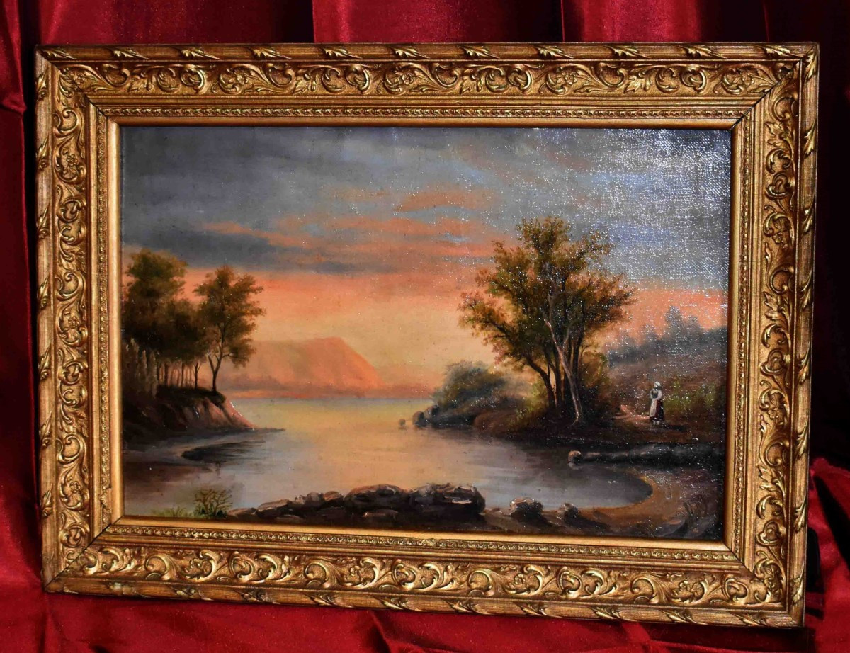 French School Of The Late 19th Century, Landscape With River, Animated With A Figure.