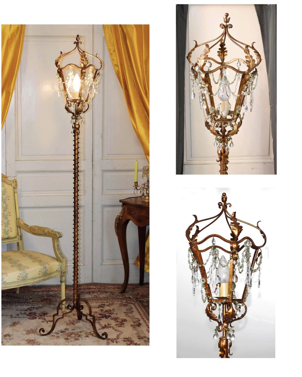 Large Wrought Iron Floor Lamp, Tassels, Parquet Lantern, Floor Lamp Painted In Old Gold.  -photo-2