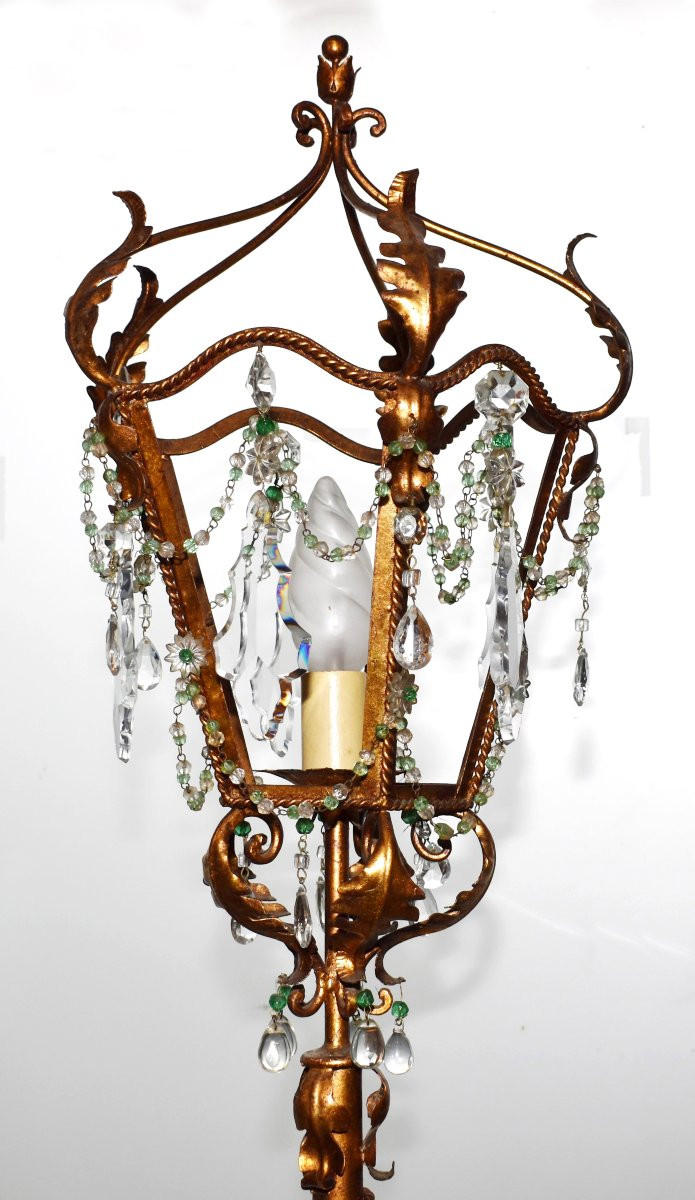 Large Wrought Iron Floor Lamp, Tassels, Parquet Lantern, Floor Lamp Painted In Old Gold.  -photo-3
