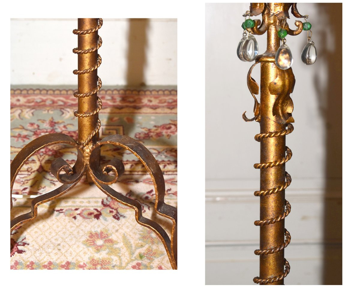 Large Wrought Iron Floor Lamp, Tassels, Parquet Lantern, Floor Lamp Painted In Old Gold.  -photo-7