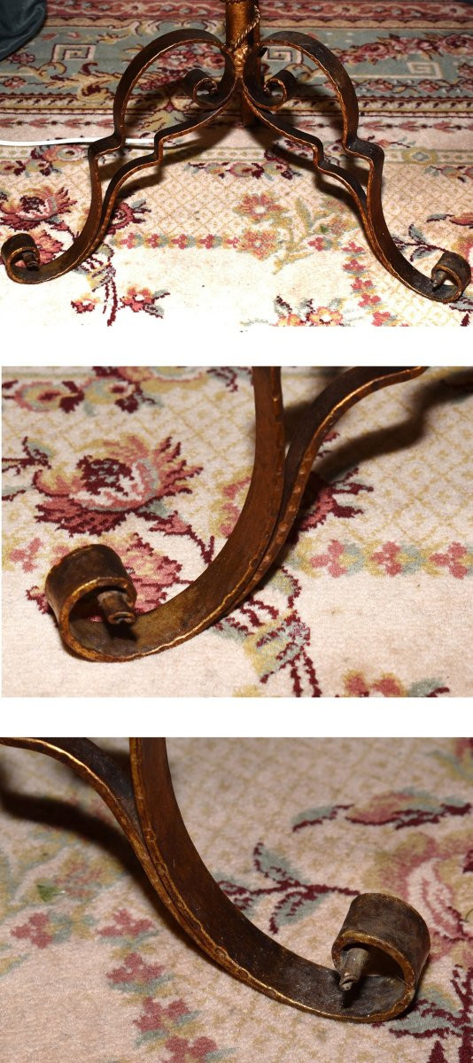 Large Wrought Iron Floor Lamp, Tassels, Parquet Lantern, Floor Lamp Painted In Old Gold.  -photo-8