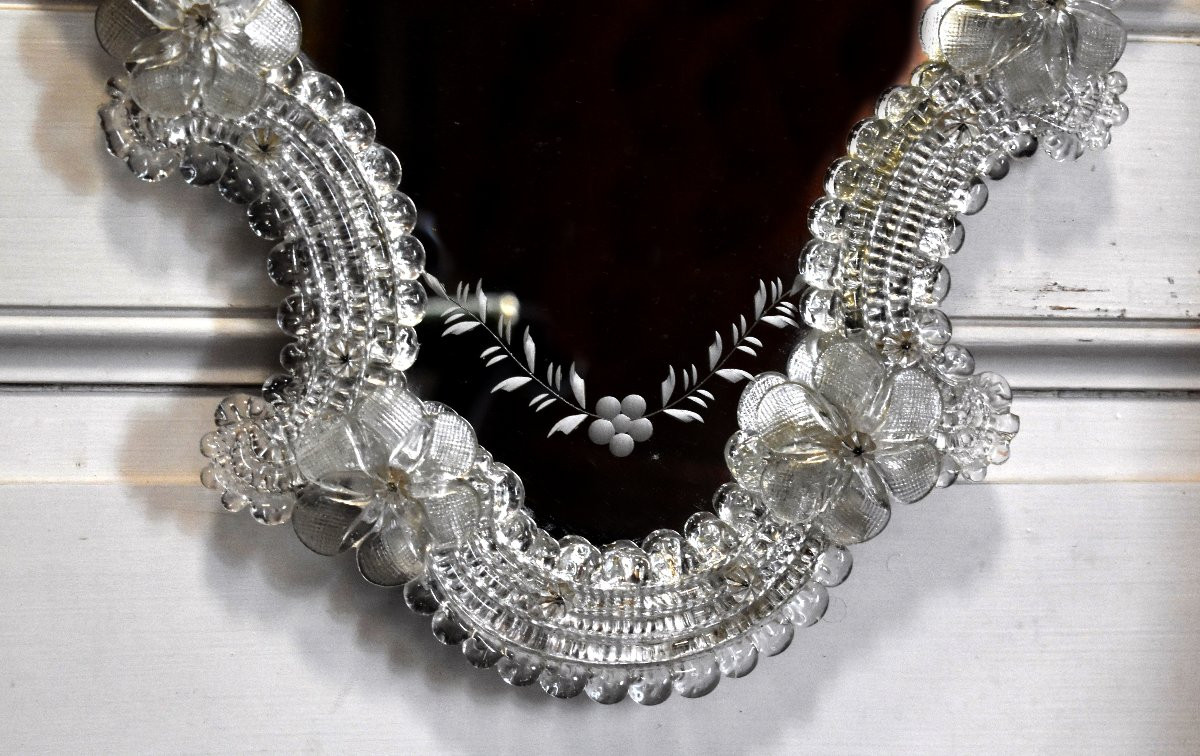 Pair Of Mirrors In Cut And Engraved Glass And Crystal, Murano, Venetian Style, Italy, Venice-photo-2