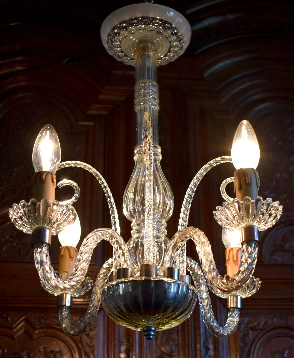 Lustre Murano En Cristal Torsadé Blanc, 4 Bras De Lumières , Suspension à quatre feux, Italie-photo-2