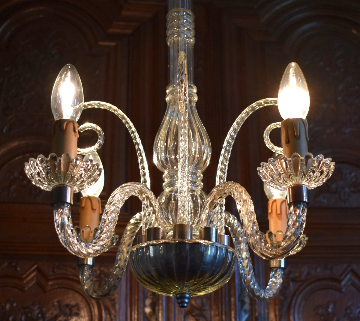 Lustre Murano En Cristal Torsadé Blanc, 4 Bras De Lumières , Suspension à quatre feux, Italie-photo-3