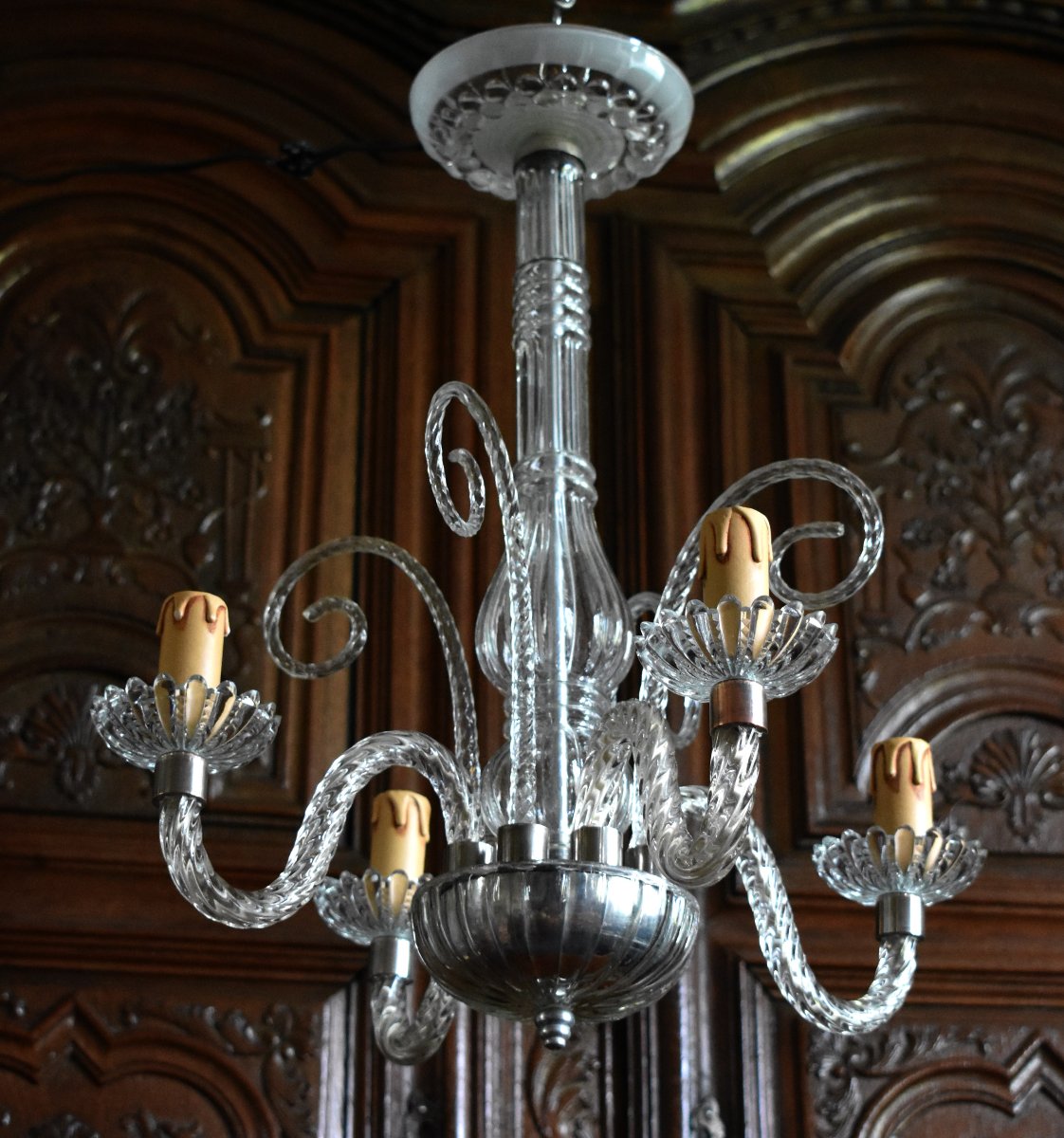 Lustre Murano En Cristal Torsadé Blanc, 4 Bras De Lumières , Suspension à quatre feux, Italie-photo-4