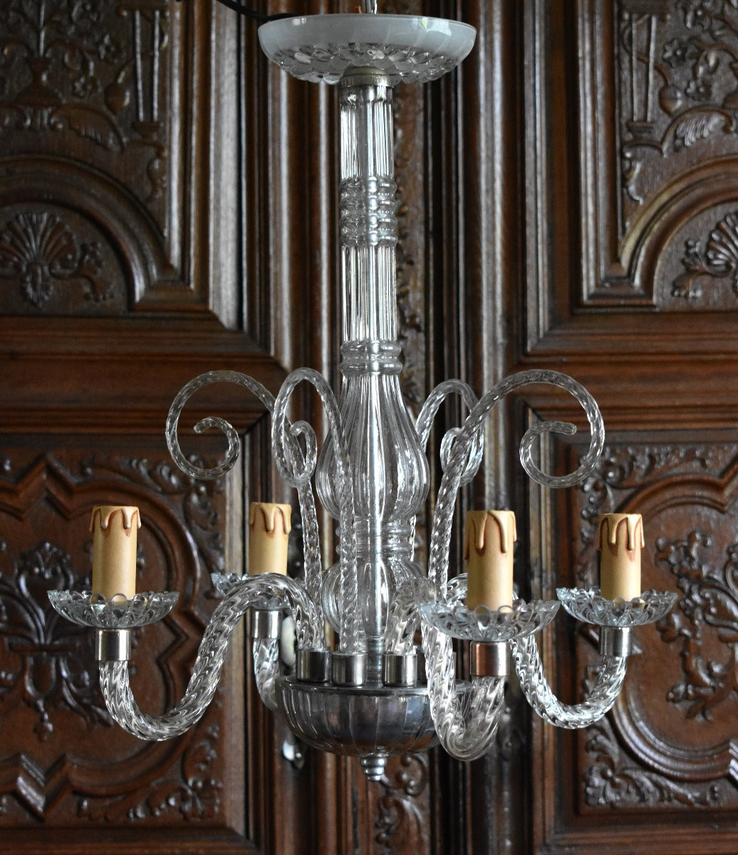 Lustre Murano En Cristal Torsadé Blanc, 4 Bras De Lumières , Suspension à quatre feux, Italie-photo-1